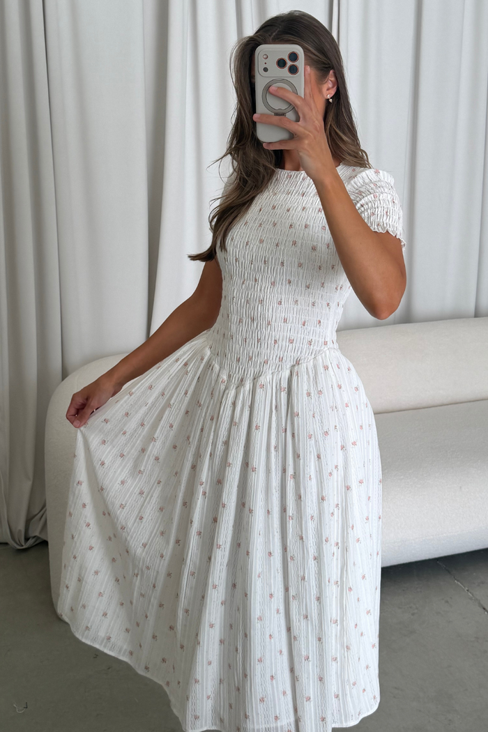 Bianca 100% Cotton Smocked Floral Midi Dress in Off White (Restocking Jan 2027)