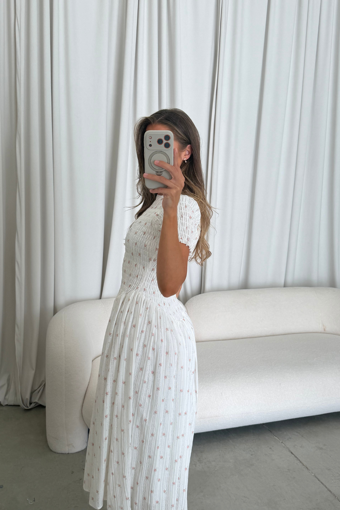 Bianca 100% Cotton Smocked Floral Midi Dress in Off White (Restocking Jan 2027)