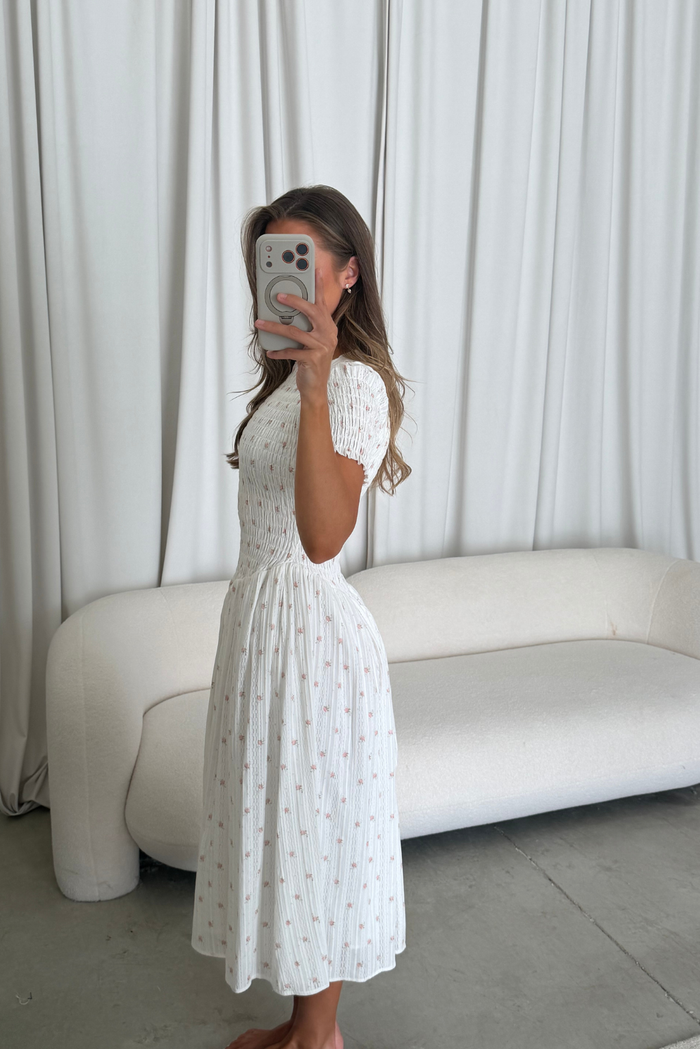 Bianca 100% Cotton Smocked Floral Midi Dress in Off White (Restocking Jan 2027)