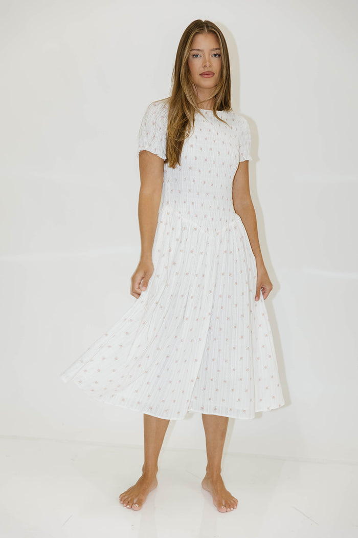Bianca 100% Cotton Smocked Floral Midi Dress in Off White (Restocking Jan 2027)