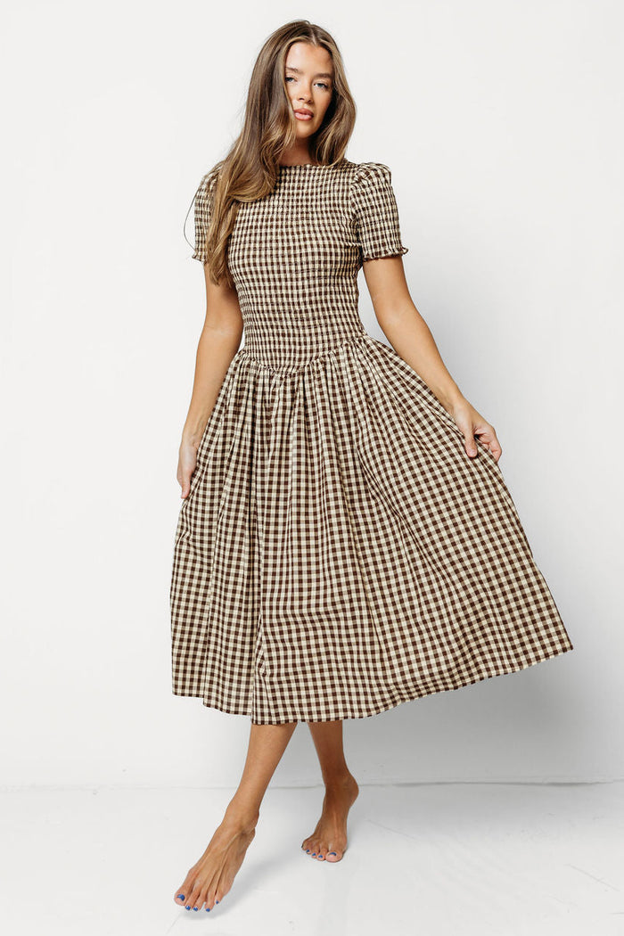 Bianca 100% Cotton Smocked Midi Dress in Brown Gingham