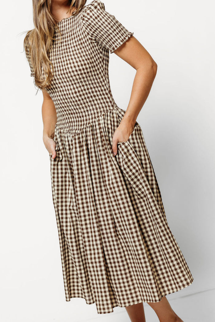 Bianca 100% Cotton Smocked Midi Dress in Brown Gingham