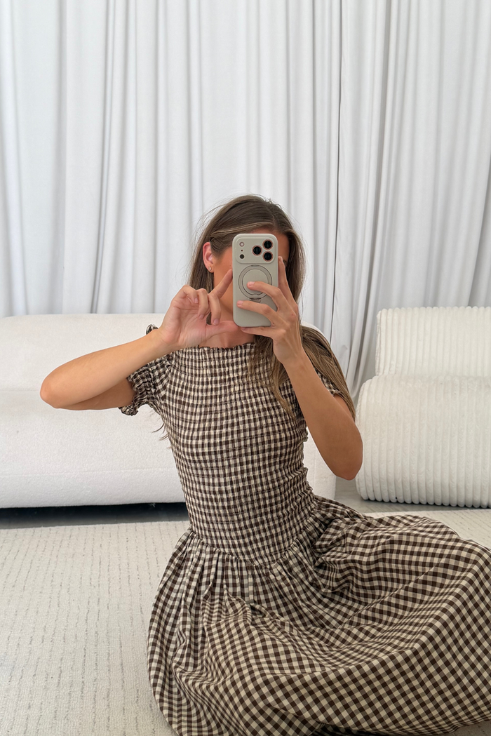 Bianca 100% Cotton Smocked Midi Dress in Brown Gingham