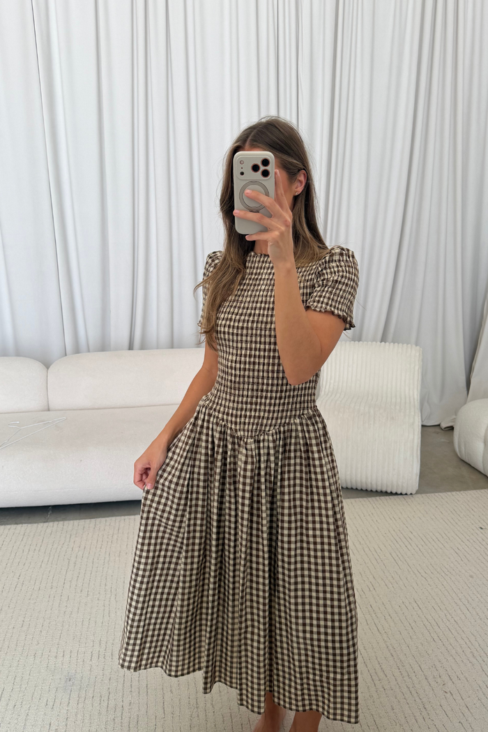 Bianca 100% Cotton Smocked Midi Dress in Brown Gingham