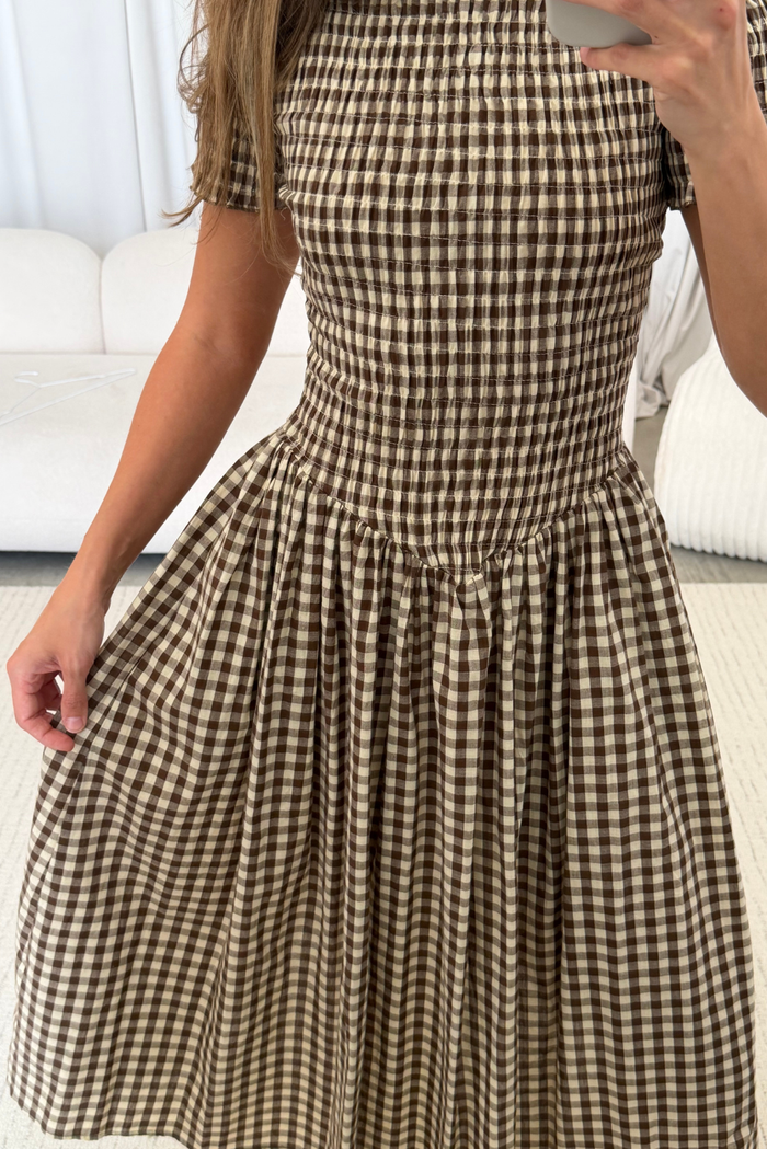 Bianca 100% Cotton Smocked Midi Dress in Brown Gingham