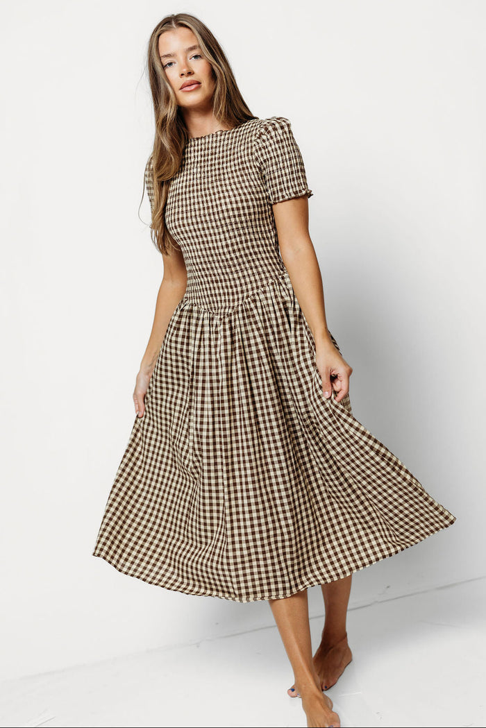 Bianca 100% Cotton Smocked Midi Dress in Brown Gingham