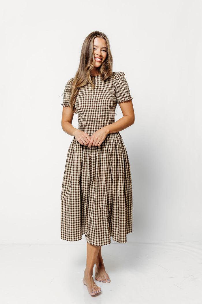 Bianca 100% Cotton Smocked Midi Dress in Brown Gingham