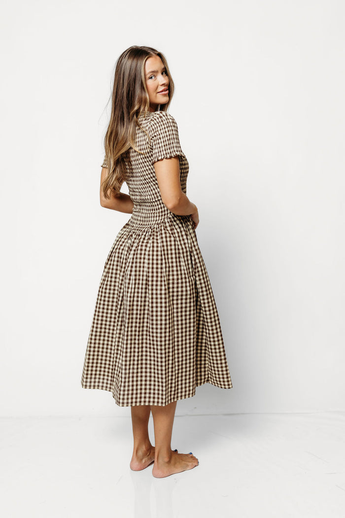 Bianca 100% Cotton Smocked Midi Dress in Brown Gingham