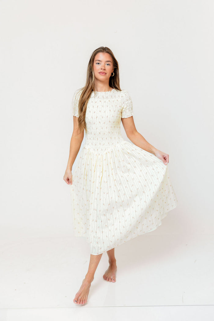 Bianca Smocked Floral Midi Dress in Butter Yellow (Restocking Jan 2027)