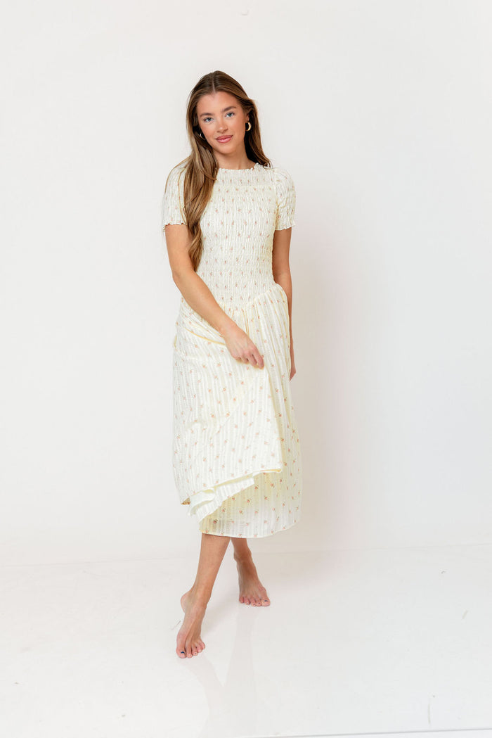 Bianca Smocked Floral Midi Dress in Butter Yellow (Restocking Jan 2027)