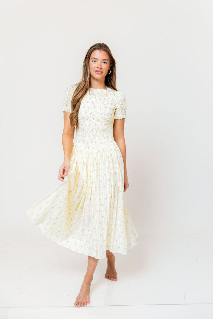 Bianca Smocked Floral Midi Dress in Butter Yellow (Restocking Jan 2027)