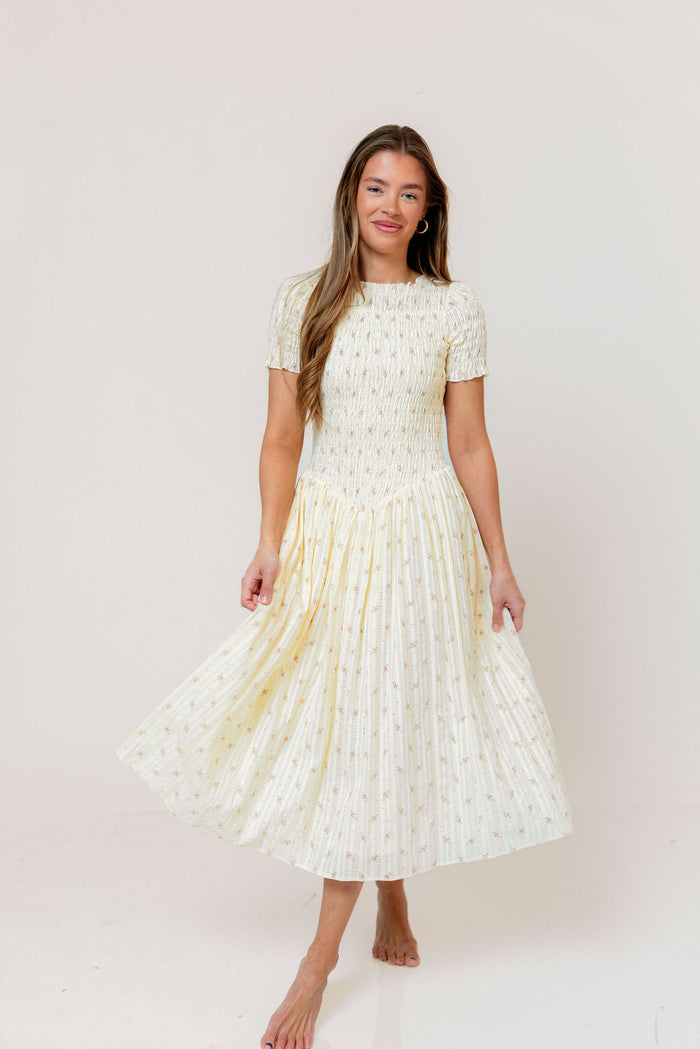 Bianca Smocked Floral Midi Dress in Butter Yellow (Restocking Jan 2027)