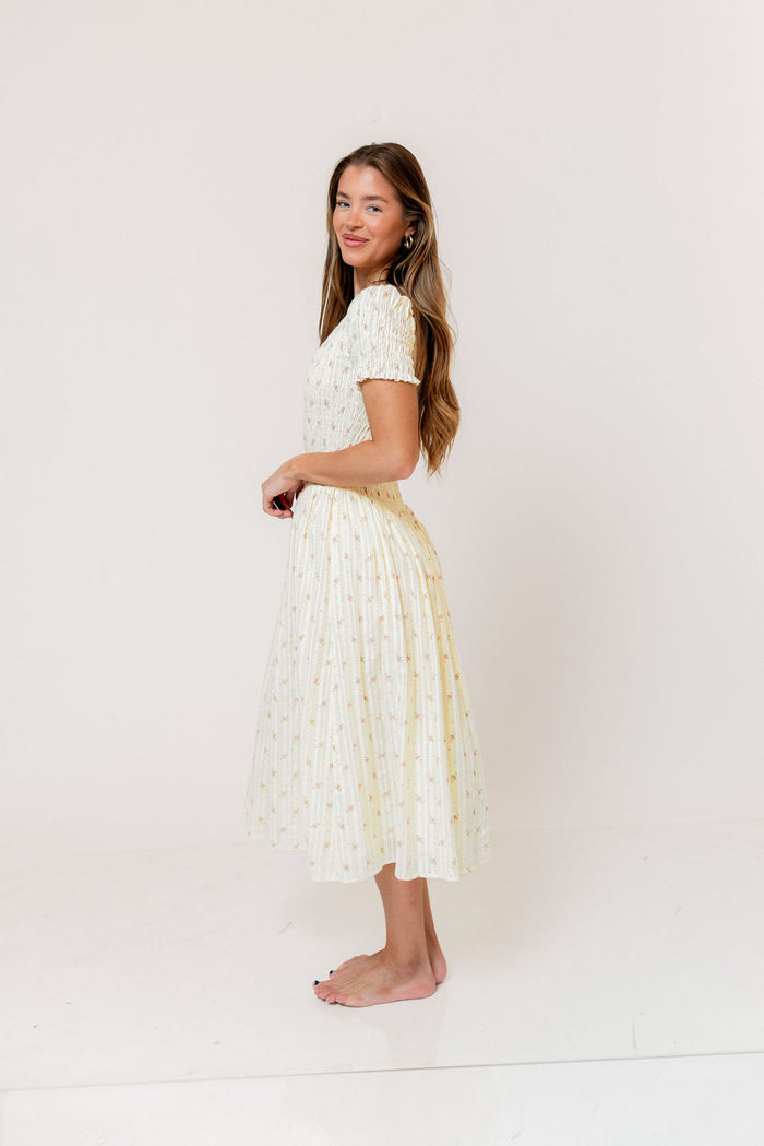 Bianca Smocked Floral Midi Dress in Butter Yellow (Restocking Jan 2027)