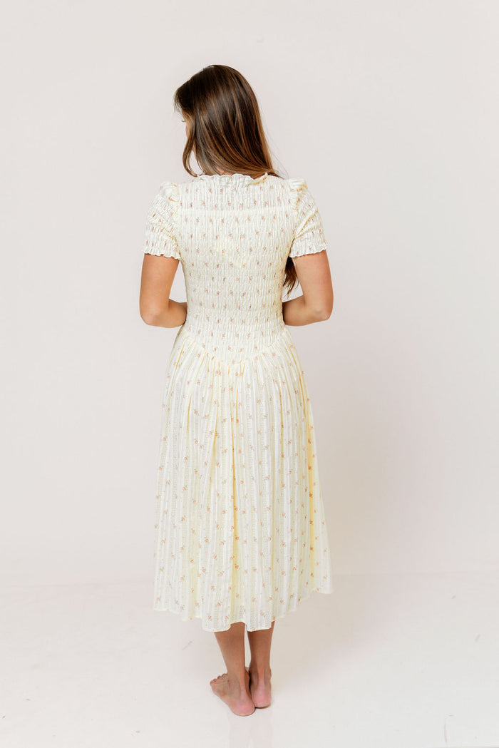 Bianca Smocked Floral Midi Dress in Butter Yellow (Restocking Jan 2027)