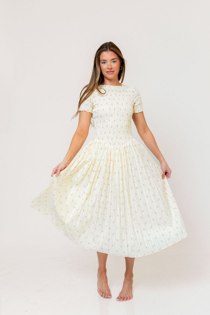 Bianca Smocked Floral Midi Dress in Butter Yellow (Restocking Jan 2027)