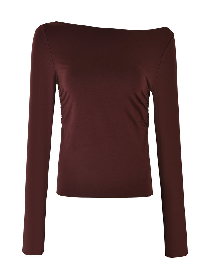 The Bianka Top by TigerMist is a long-sleeved shirt in a rich chocolate brown hue. It features a wide, boat neckline and has a slightly fitted silhouette crafted from smooth fabric, offering a sleek and modern look.