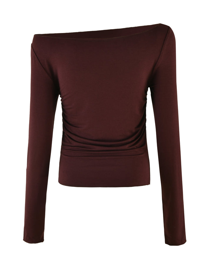 The Bianka top by TIGERMIST showcases a chocolate brown, long-sleeved, off-shoulder design with ruched detailing at the sides. Its bodycon silhouette provides a form-fitting and elegant appearance, ideal for adding a stylish touch to your wardrobe.