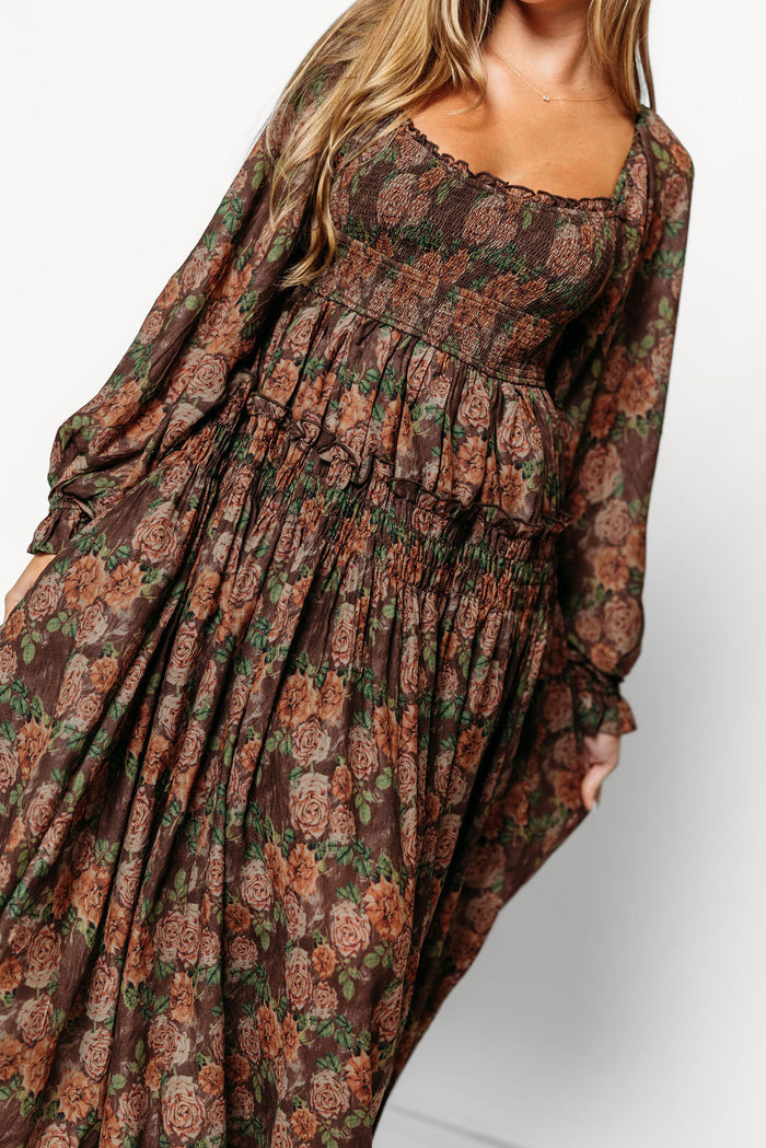Blaine Smocked Floral Maxi Dress in Brown - Bump Friendly