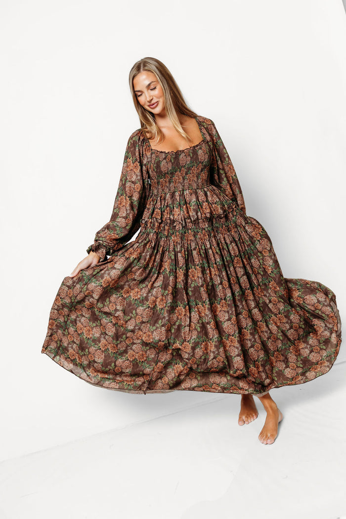 Blaine Smocked Floral Maxi Dress in Brown - Bump Friendly