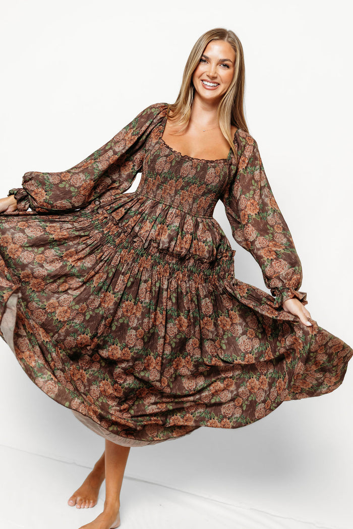 Blaine Smocked Floral Maxi Dress in Brown - Bump Friendly