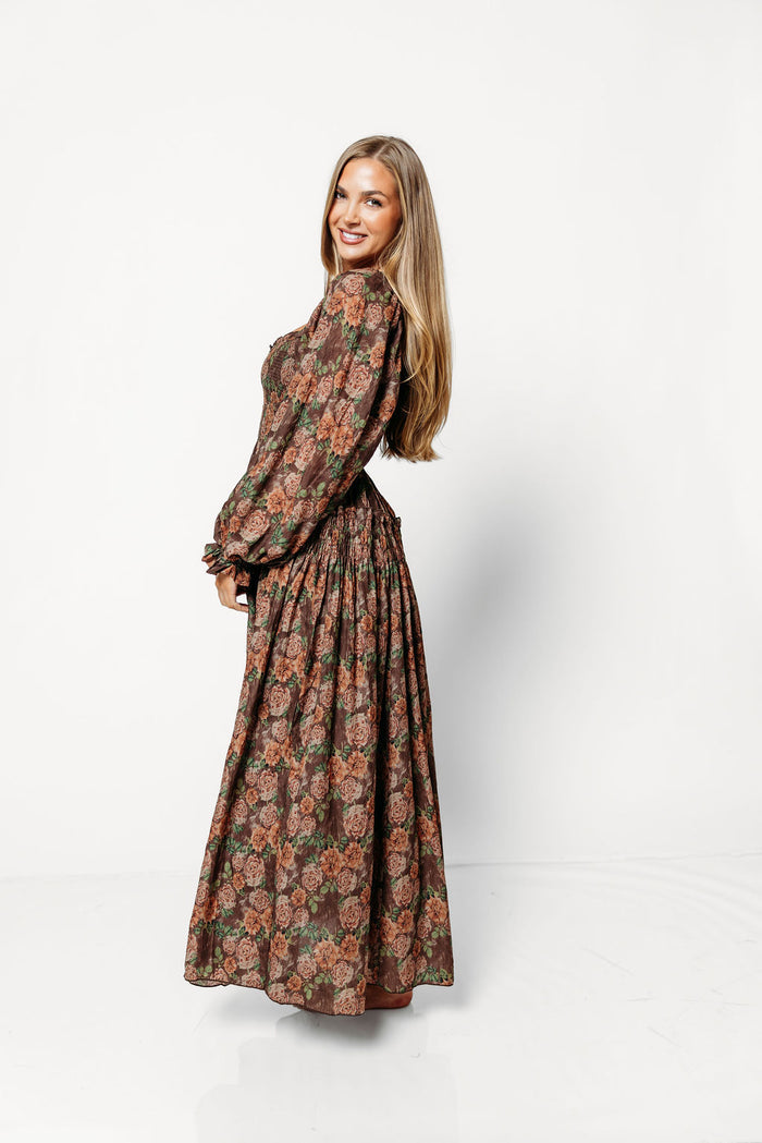 Blaine Smocked Floral Maxi Dress in Brown - Bump Friendly