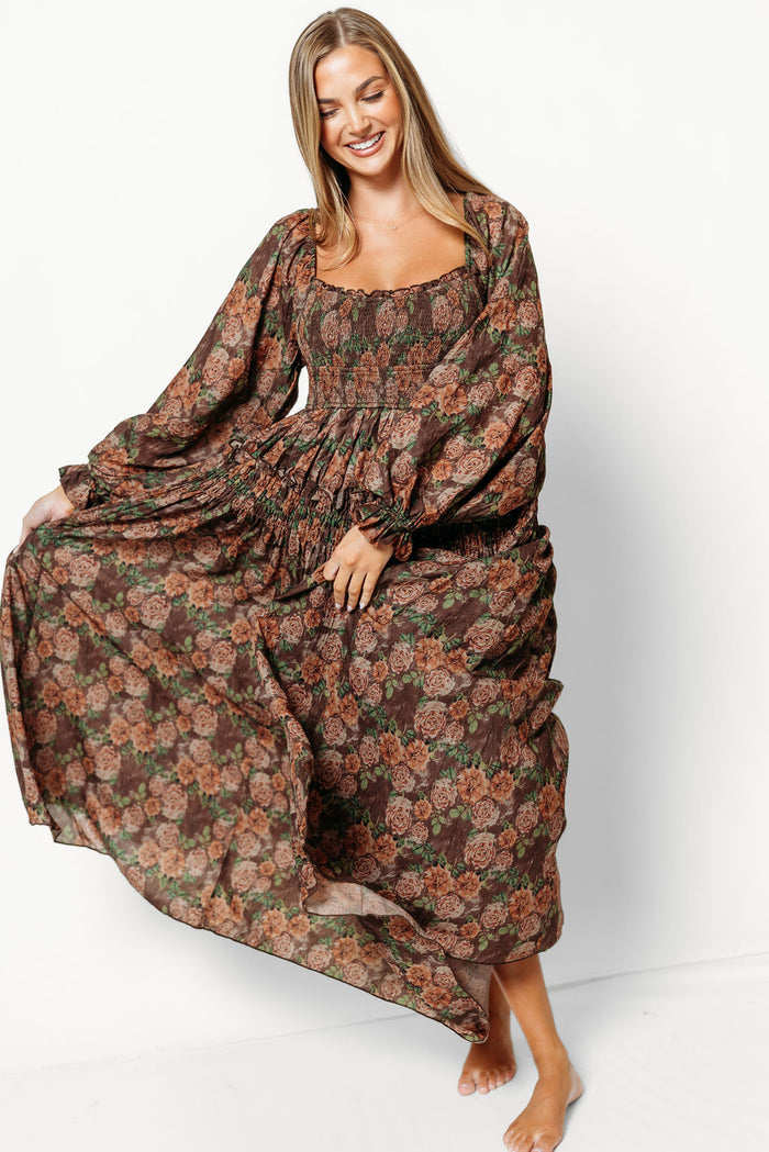 Blaine Smocked Floral Maxi Dress in Brown - Bump Friendly