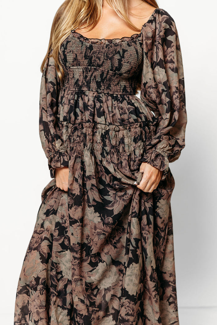 Blaine Smocked Maxi Dress in Black Floral - Bump Friendly