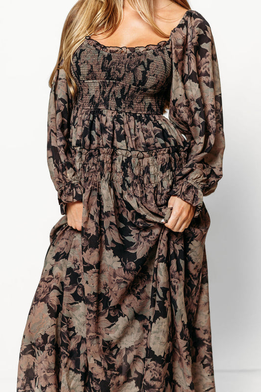 Blaine Smocked Maxi Dress in Black Floral - Bump Friendly