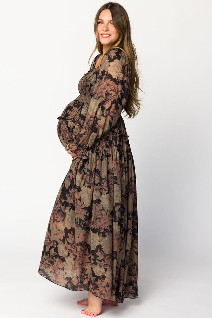 Blaine Smocked Maxi Dress in Black Floral - Bump Friendly