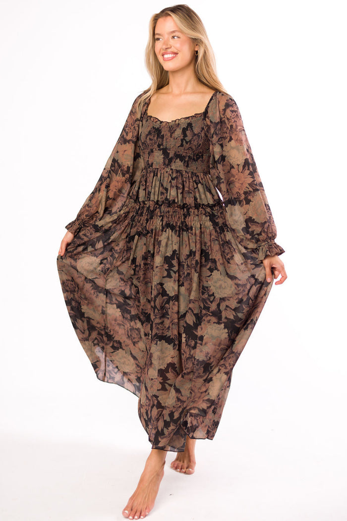 Blaine Smocked Maxi Dress in Black Floral - Bump Friendly