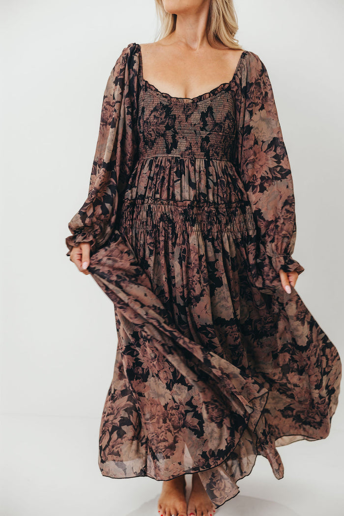 Blaine Smocked Maxi Dress in Black Floral - Bump Friendly
