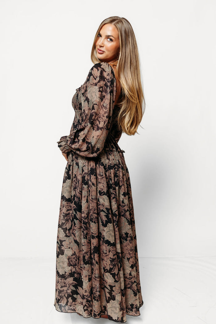 Blaine Smocked Maxi Dress in Black Floral - Bump Friendly