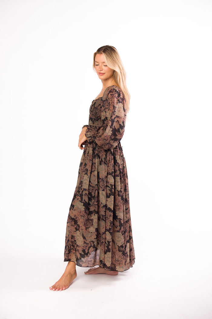 Blaine Smocked Maxi Dress in Black Floral - Bump Friendly