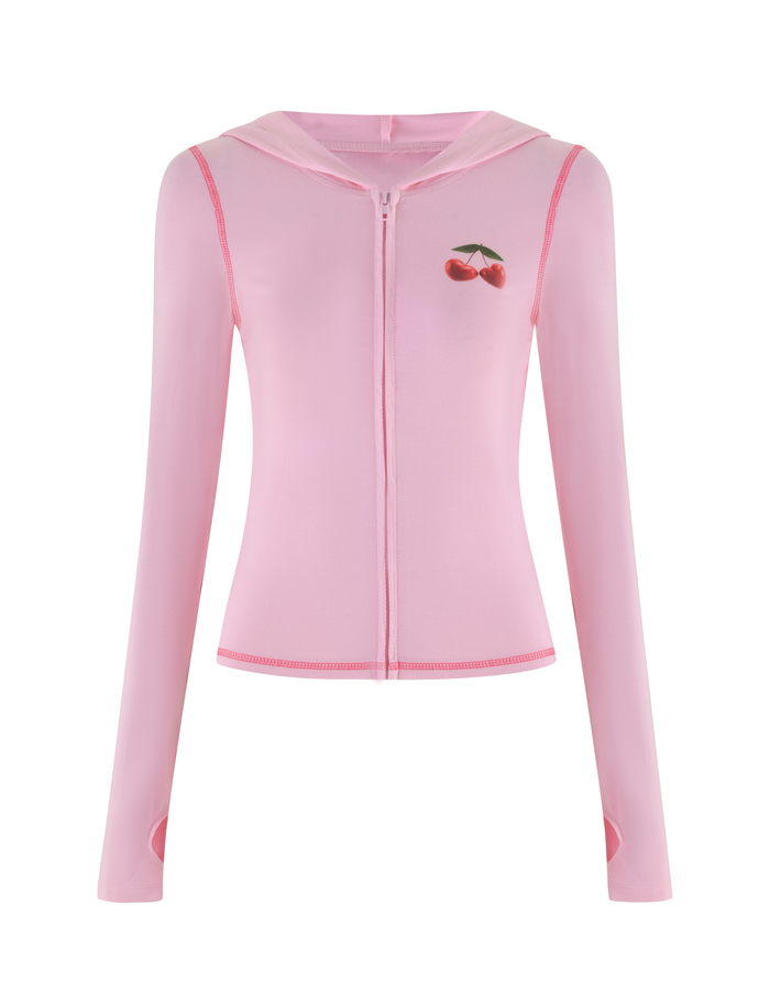 The TIGERMIST BLAYZE HOODIE - PINK is a soft pink, fitted zip-up hoodie with long sleeves, thumb holes, and a small cherry graphic on the left chest for a simple look.