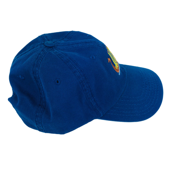 Blue/Yellow Viking ship on royal blue baseball cap