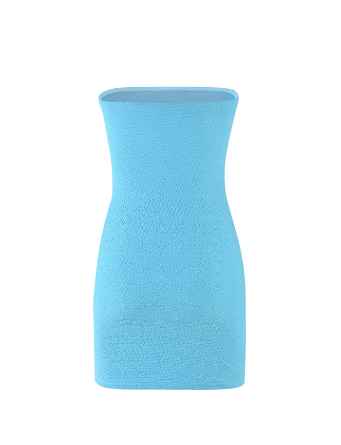 The BOBBIE DRESS - BLUE from TIGERMIST is a strapless, sky blue bodycon mini dress with a subtle textured pattern, displayed against a white background.