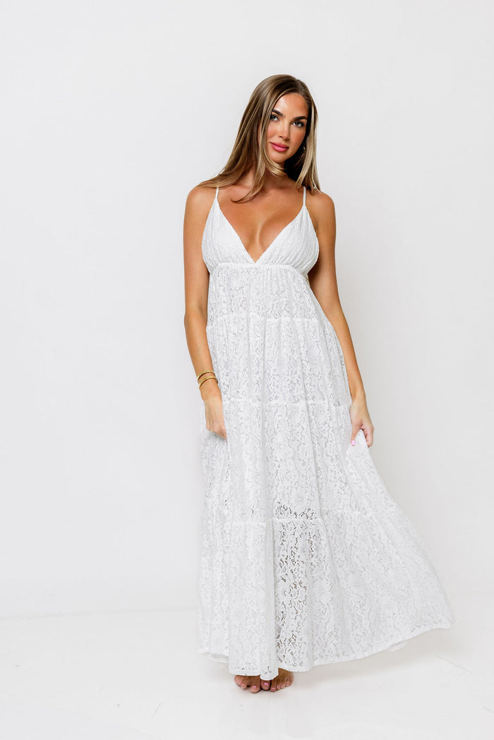 Brandy Lace Tiered Maxi Dress in White