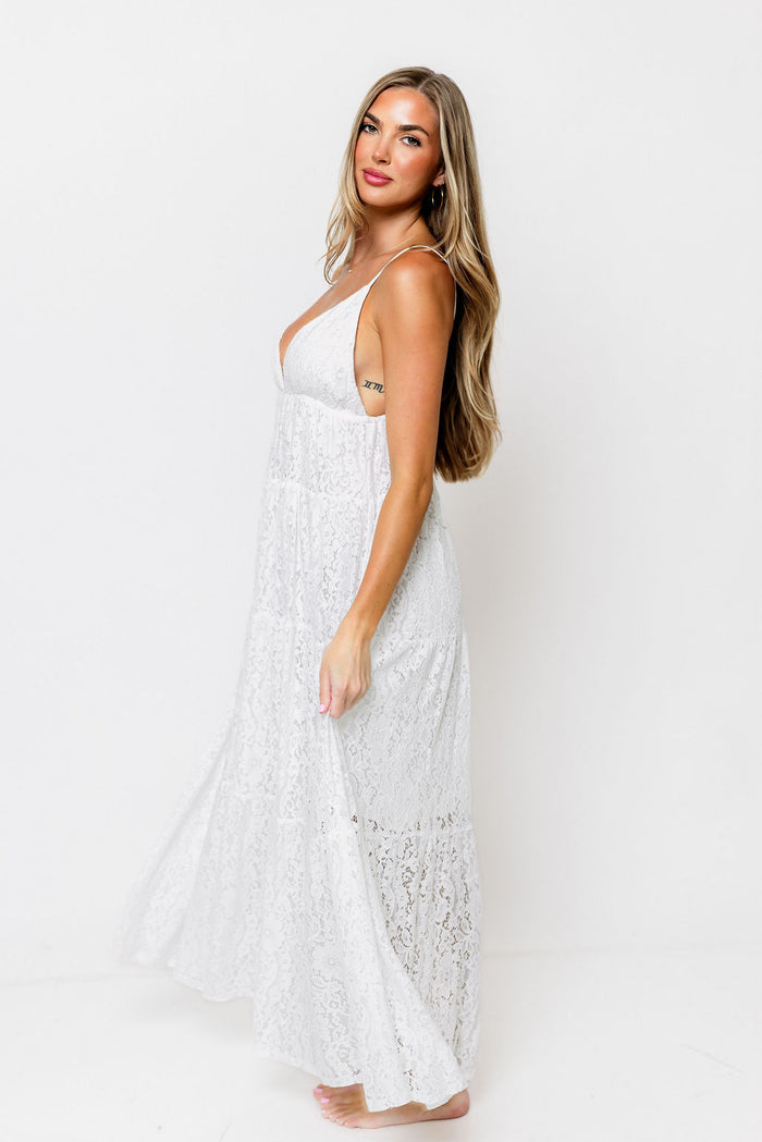 Brandy Lace Tiered Maxi Dress in White