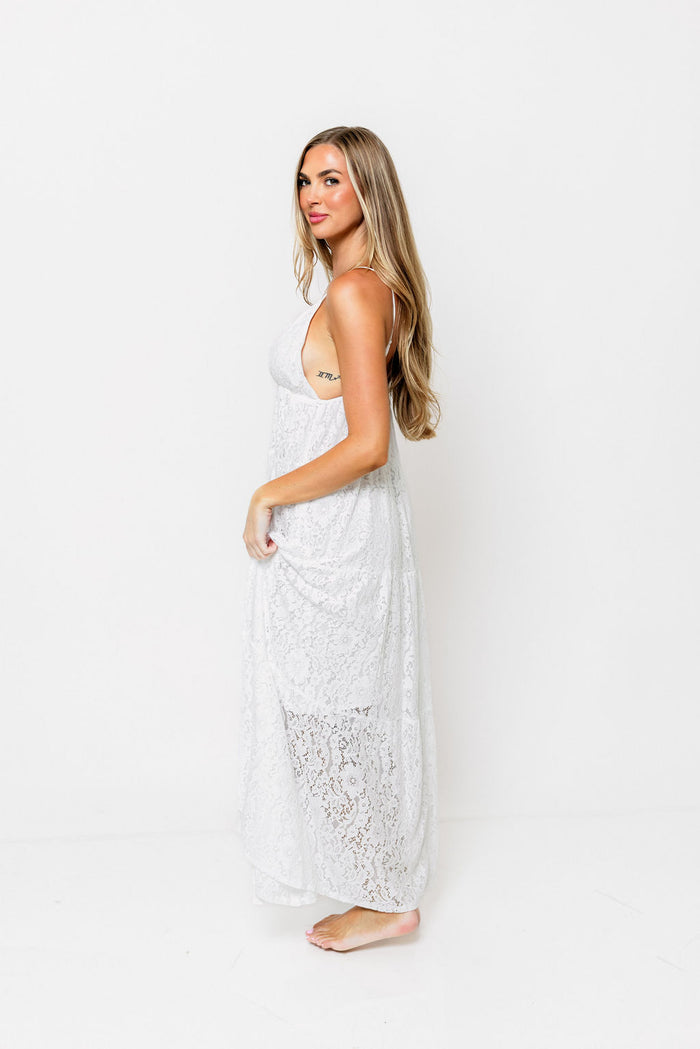 Brandy Lace Tiered Maxi Dress in White