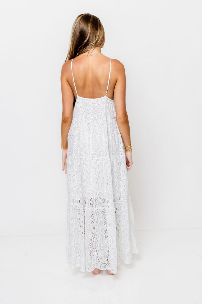 Brandy Lace Tiered Maxi Dress in White