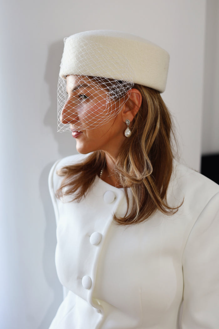 Bridal Pillbox Hat with Birdcage Veil