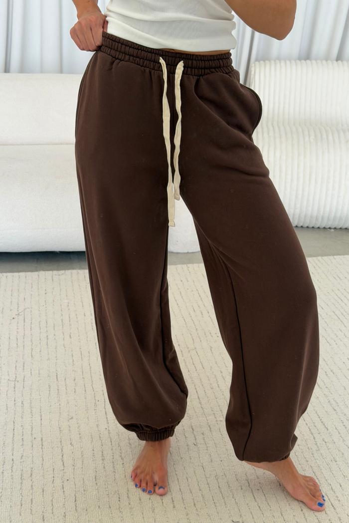 Brooks 100% Cotton Terry Wide Jogger Pants in Chocolate