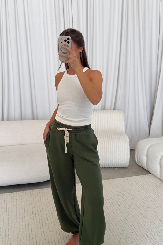 Brooks 100% Cotton Terry Wide Jogger Pants in Olive Green