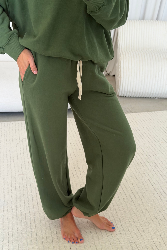 Brooks 100% Cotton Terry Wide Jogger Pants in Olive Green