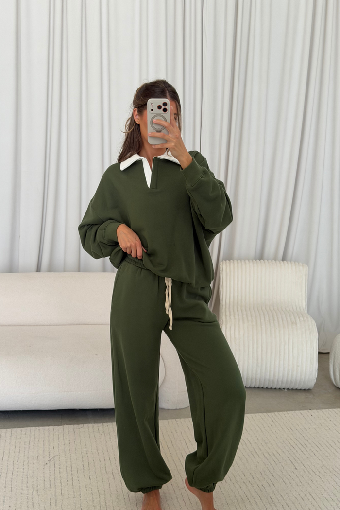 Brooks 100% Cotton Terry Wide Jogger Pants in Olive Green
