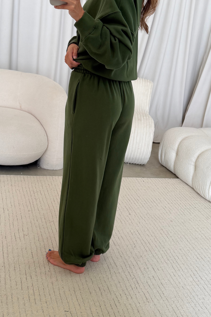 Brooks 100% Cotton Terry Wide Jogger Pants in Olive Green