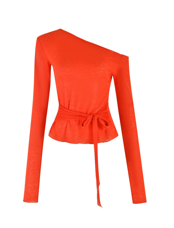 The BRYNA JUMPER - RED by TIGERMIST is a vibrant red, long-sleeve, one-shoulder top with a cinched waist and tie detail. Its knit fabrication features a peplum hemline and a fitted silhouette, combining a stylish asymmetrical design with a touch of elegance.
