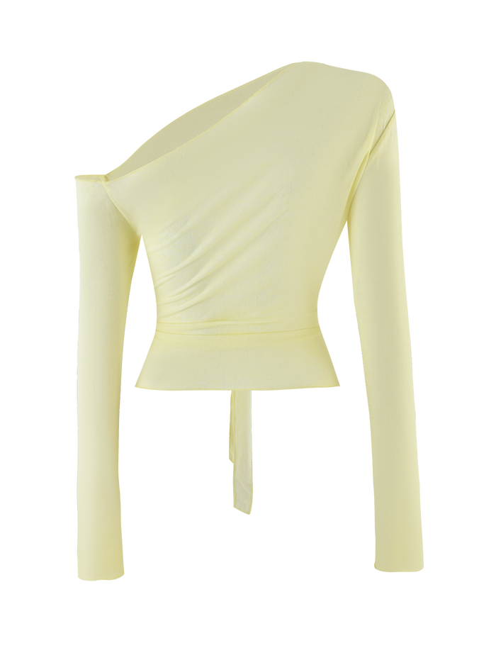 The TIGERMIST BRYNA JUMPER in pale lemon features long sleeves, an asymmetrical off-the-shoulder design, a front waist tie for adjustable styling, and soft knit fabric for a fitted, modern look.