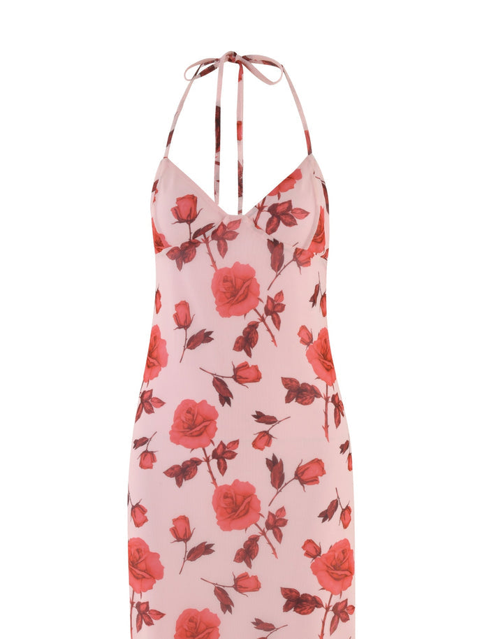 The BRYSTOL DRESS - RED : FLORAL from TIGERMIST is a sleeveless halter dress highlighting a red rose floral pattern. It features a fitted bodice and a flowing skirt in a maxi length, complemented by thin straps that tie elegantly at the neck.