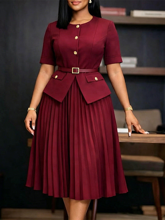 Button-Front Belted Pleated Dress